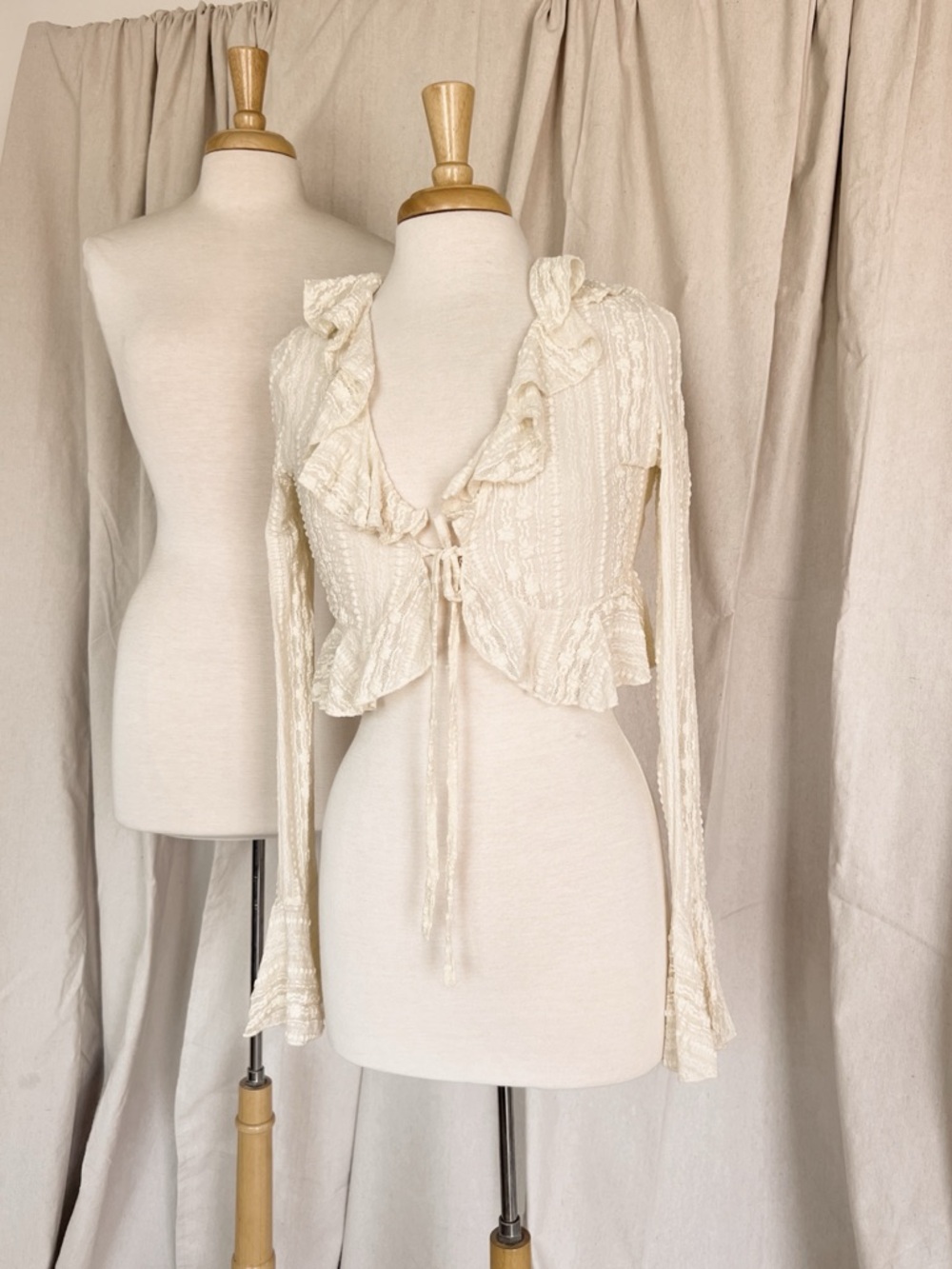 Ruffled Tie-Front Cream Women's Top